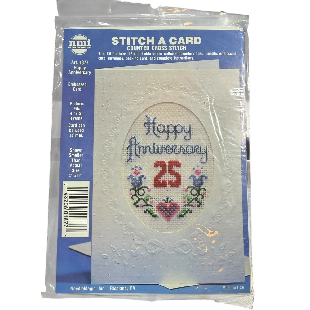 NeedleMagic Inc Stitch A Card Kit White Happy Anniversary 25 Art 1877 New VTG
